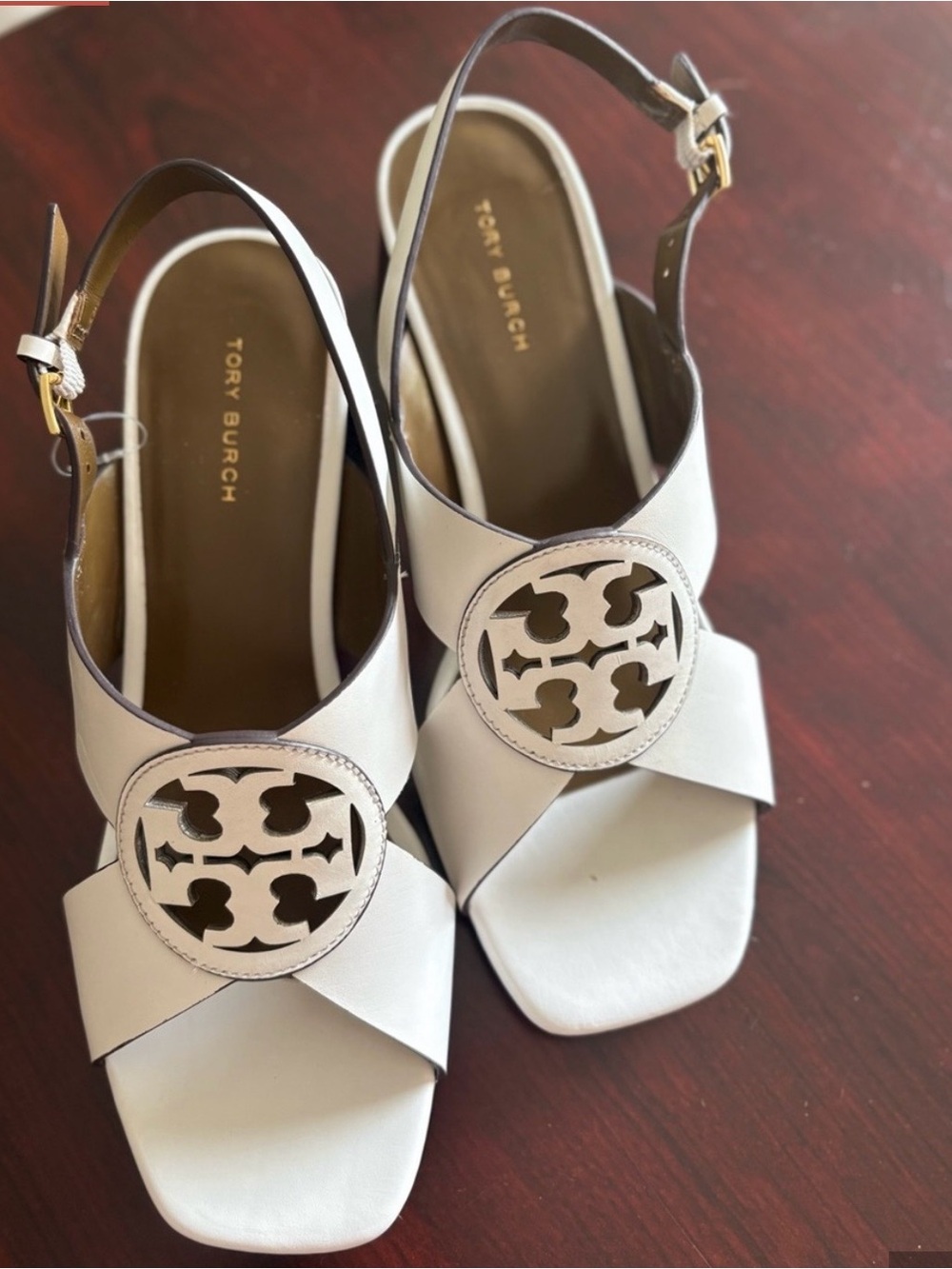 Tory Burch Cream Leather Logo Slingback Sandals
